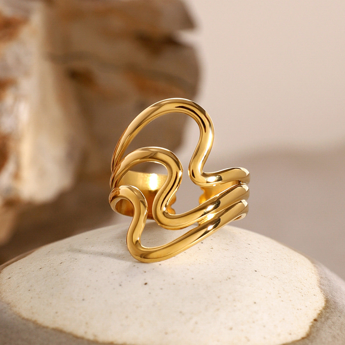 Gold Plated Geometric Stainless Steel Ring for Women