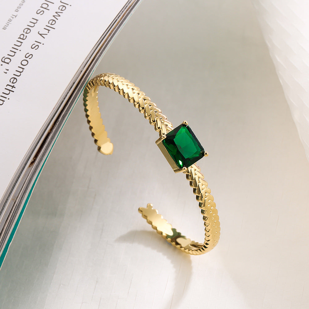 Minimalist Geometric Open Bangle Bracelet for Women Made of Brass with Real Gold Plating and Micro-Pave Setting