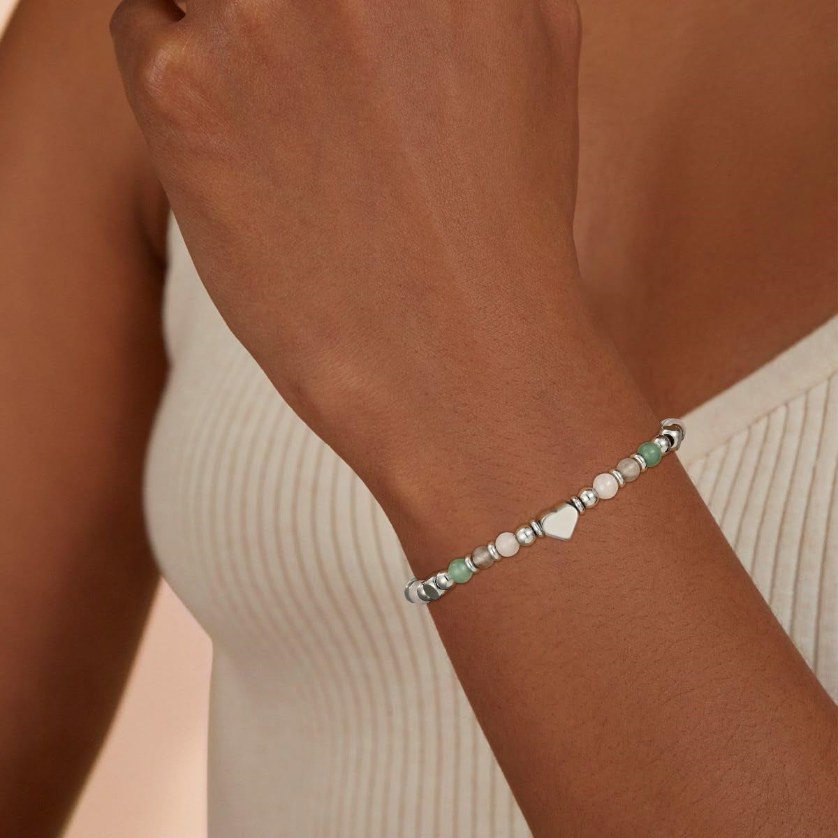 Minimalist Sweet Heart Natural Gemstone Stainless Steel Bracelet for Women