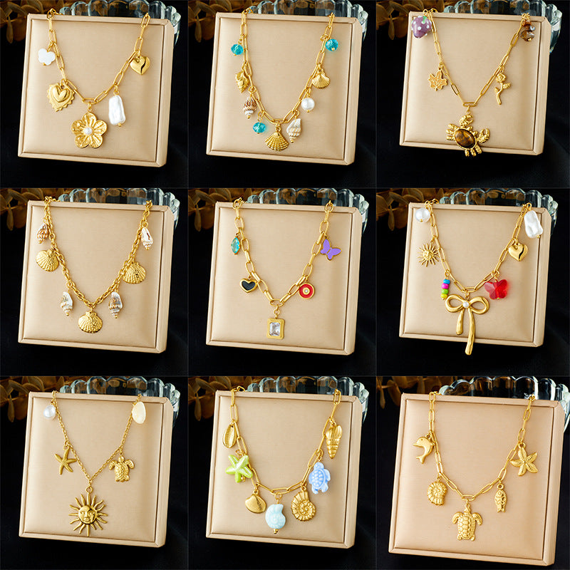 Chic Gold Plated Stainless Steel Heart Bow Floral Pendant Necklace Curb Chain