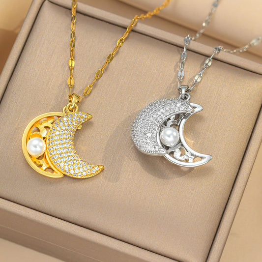 Luxury Moon and Heart Shaped Titanium Steel Necklace with Pearl and Shell Pendant on Wavy Chain for Women