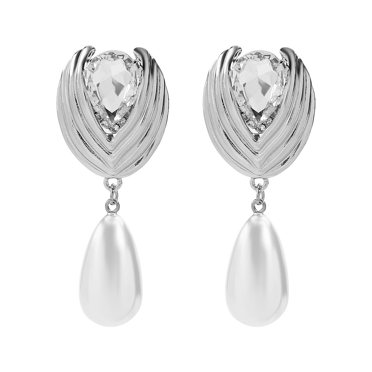 Pendientes colgantes geométricos elegantes de aleación con incrustaciones de pedrería y acentos de perlas lustrosas para mujer