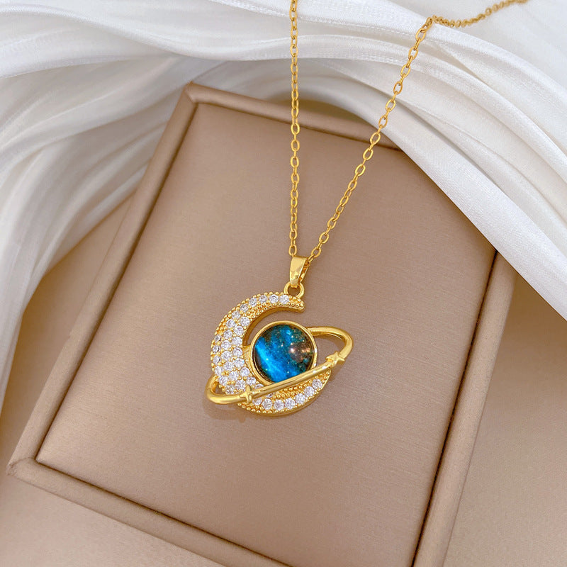 Sweet Elegant Moon Geometric Rhinestone Titanium Steel Necklace for Unisex