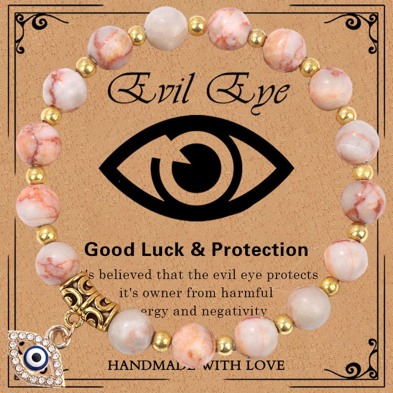 Minimalist Elegant 8mm Pink Zebra Stone Evil Eye Bracelet Unisex Fashion Jewelry Gift