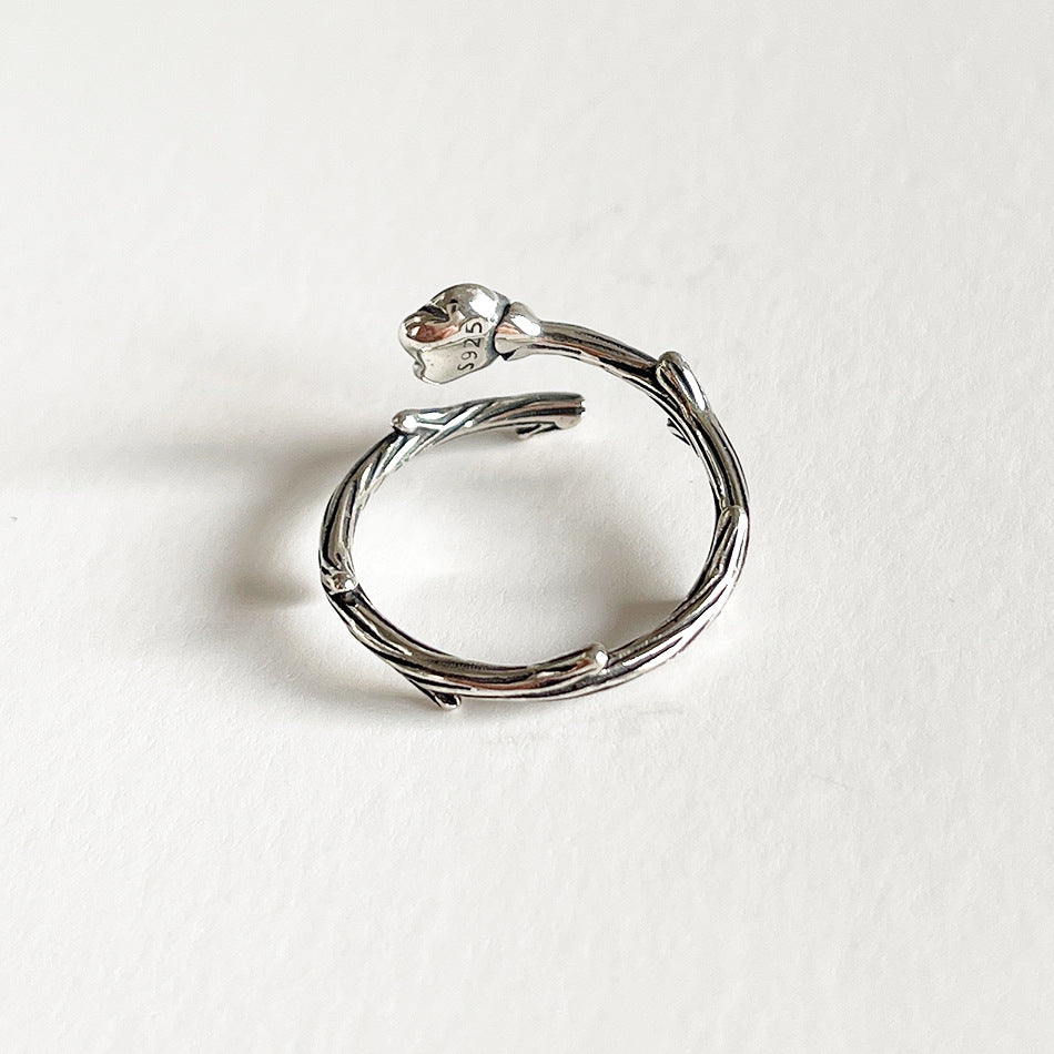 Anello aperto a cuore floreale vintage in argento sterling 925 da donna