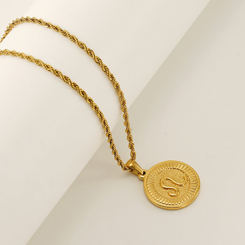 Vintage 18K Gold Plated Round Zodiac Pendant Titanium Steel Rope Chain Necklace Unisex
