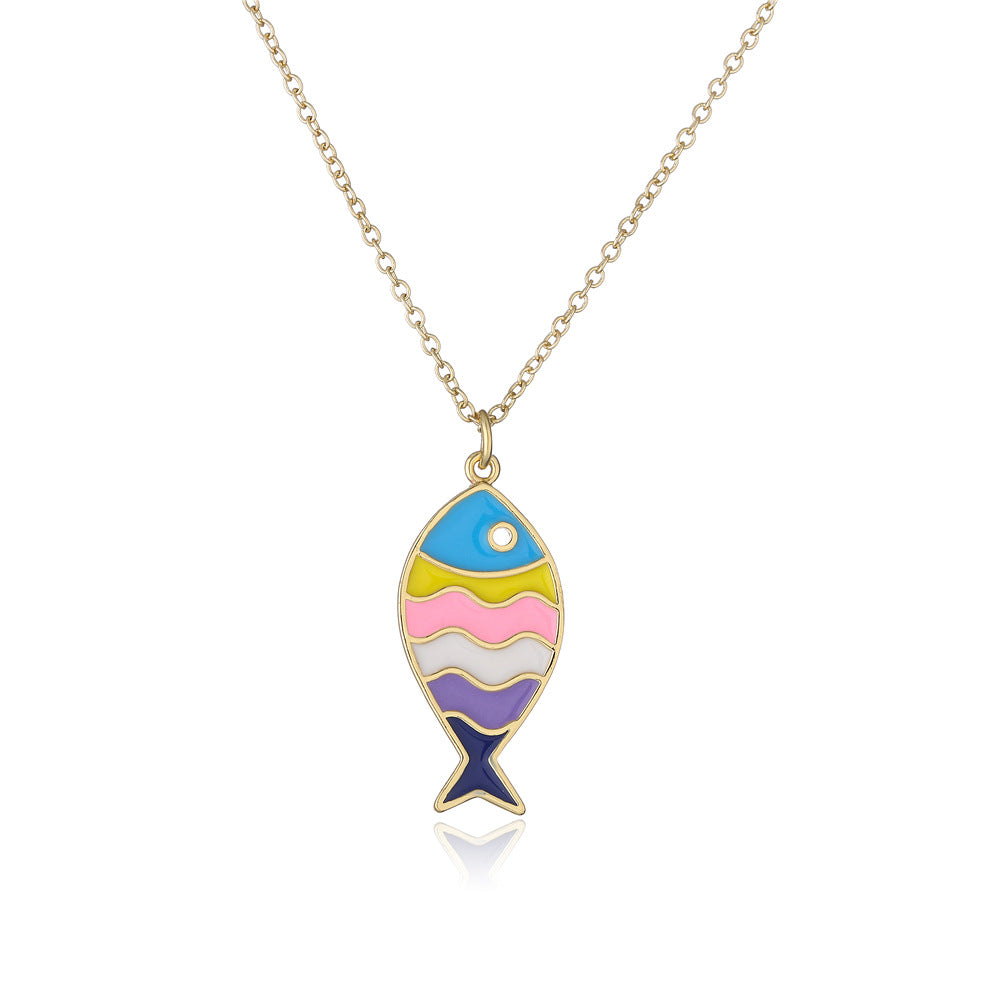 Geometric Fish Drip Oil Gold Plated Brass Necklace with Cubic Zirconia Pendant on Cable Chain