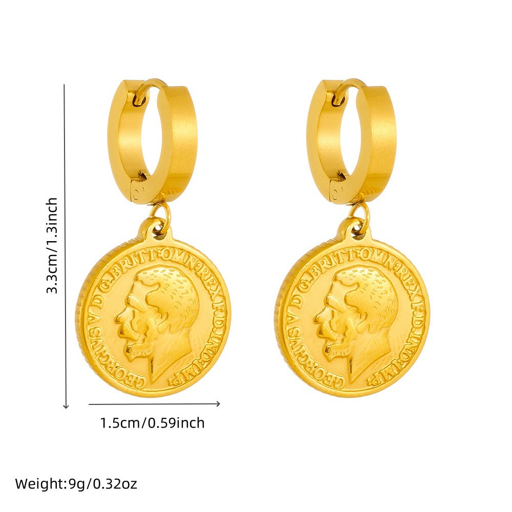 Collana con Pendente Rotondo Vintage a Figura Umana Astratta in Acciaio Inossidabile con Placcatura Oro