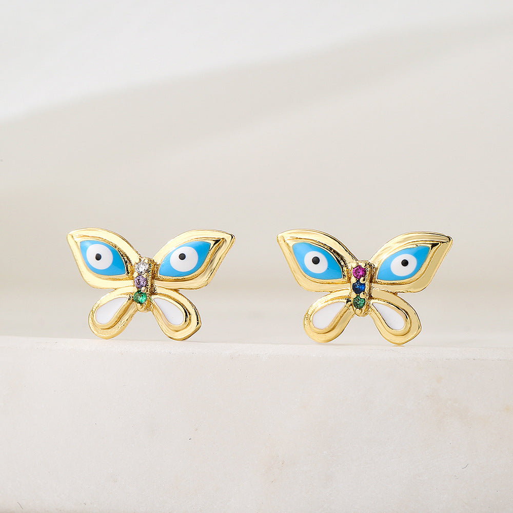 Orecchini a perno a forma di farfalla, moderni e minimalistici, da donna, realizzati in rame con placcatura in oro 18 carati e finitura smaltata con intarsio in zirconi cubici