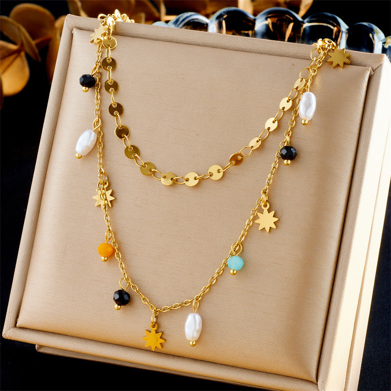 Collana Doppia Strati Impilabile con Ciondolo a Stella Geometrica e Perline Colorate Catena in Acciaio Inossidabile da Donna