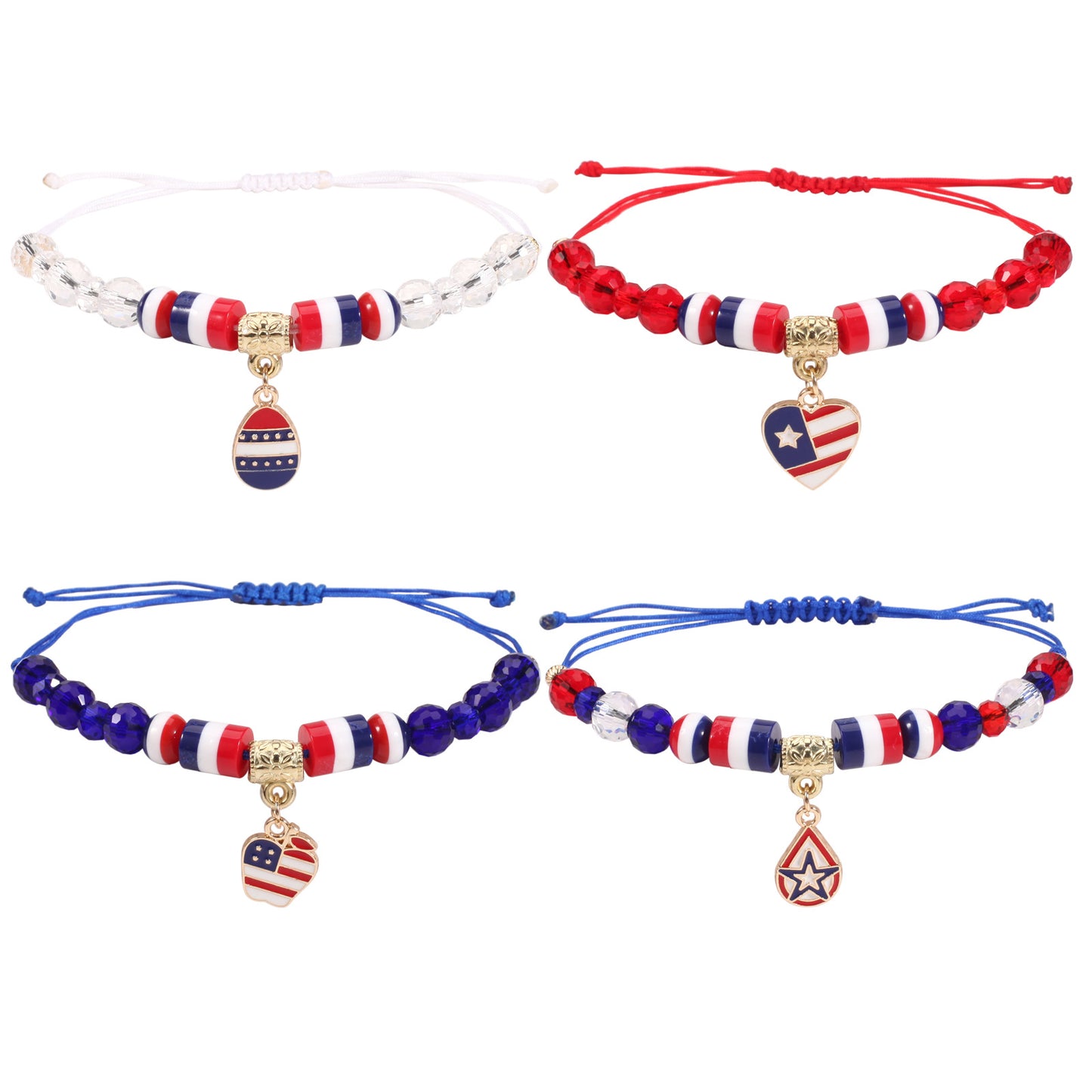 Patriotic American Flag Woven Adjustable Bracelet with Heart Star Butterfly Round Crystal Charms Red White Blue Unisex Jewelry