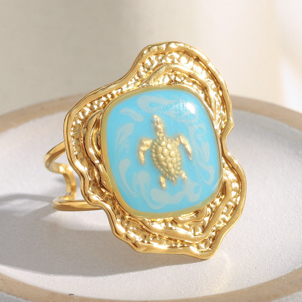 Anello da donna minimalista a forma di tartaruga in acciaio inossidabile placcato oro 18K e finitura smaltata