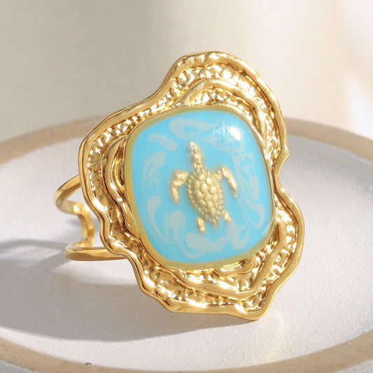 Anillo minimalista de acero inoxidable con forma de tortuga, baño de oro de 18 quilates y acabado esmaltado para mujer