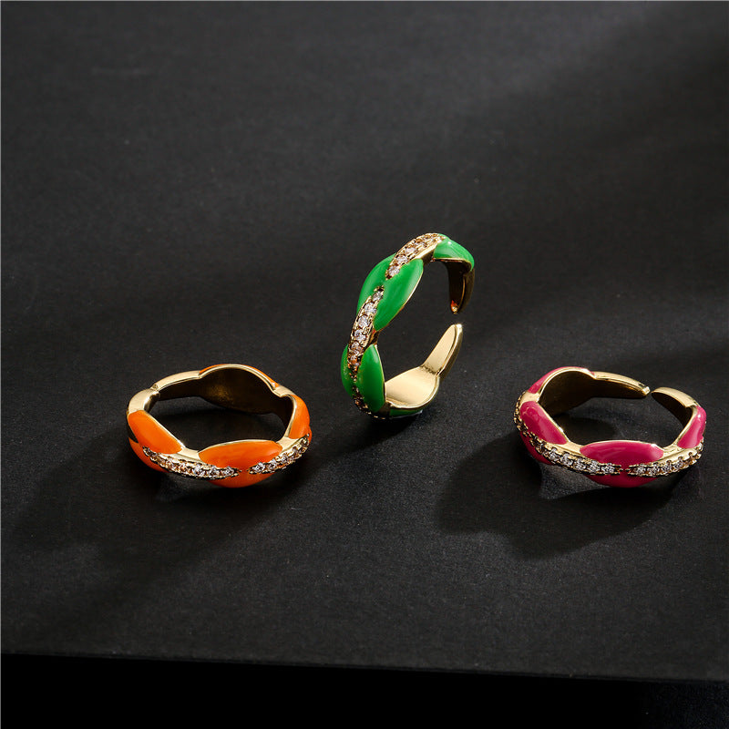 Elegant 18K Gold Plated Geometric Brass Ring with Colorful Drip Oil and Micro-inlaid Cubic Zirconia