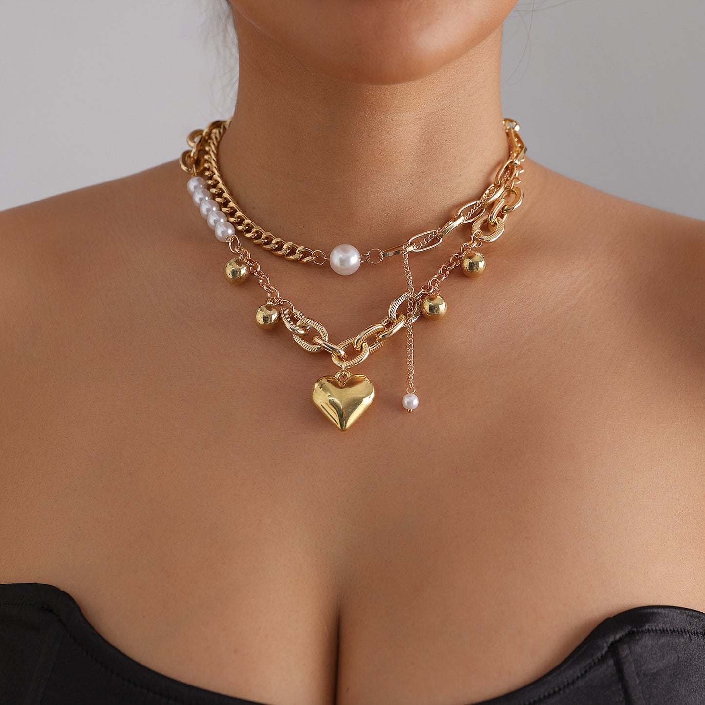 Elegant Exaggerated Double Layer Heart Geometric Alloy Plated Necklace with Tassel for Women