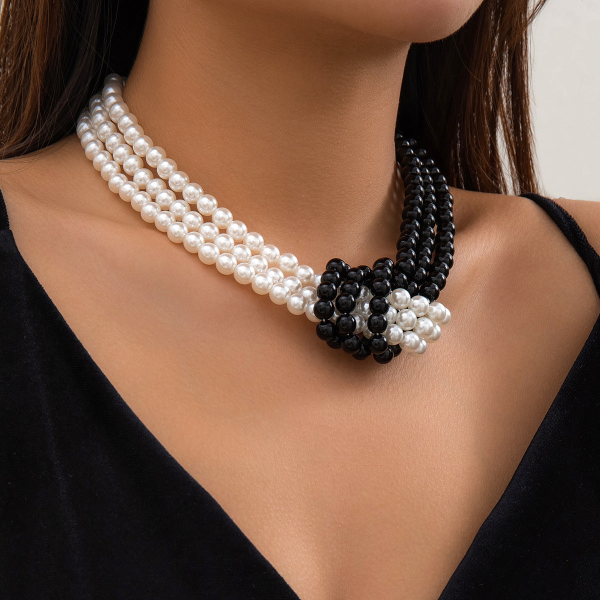Vintage Style Geometric Knot Multi-Layer Imitation Pearl Necklace for Women with Beaded Ball Chain Choker