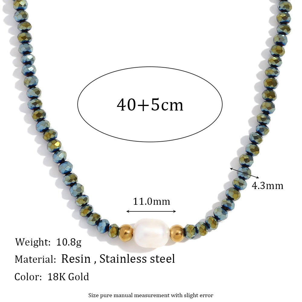 Collar con colgante vintage minimalista geométrico de acero inoxidable con perlas de agua dulce y cuentas de cristal oscuro para mujer