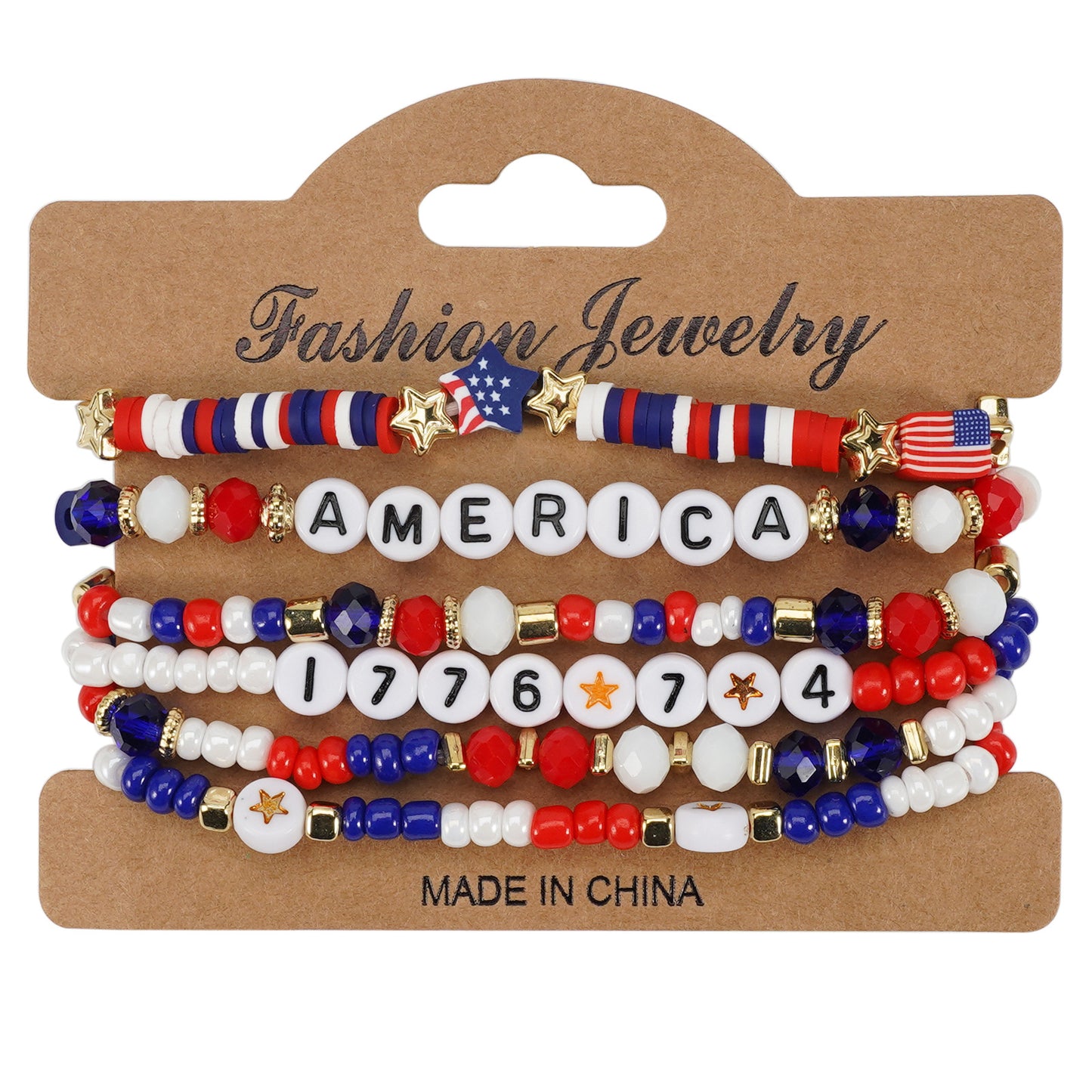 Geometric Resin Beaded Bracelet Red White Blue Patriotic Design Unisex