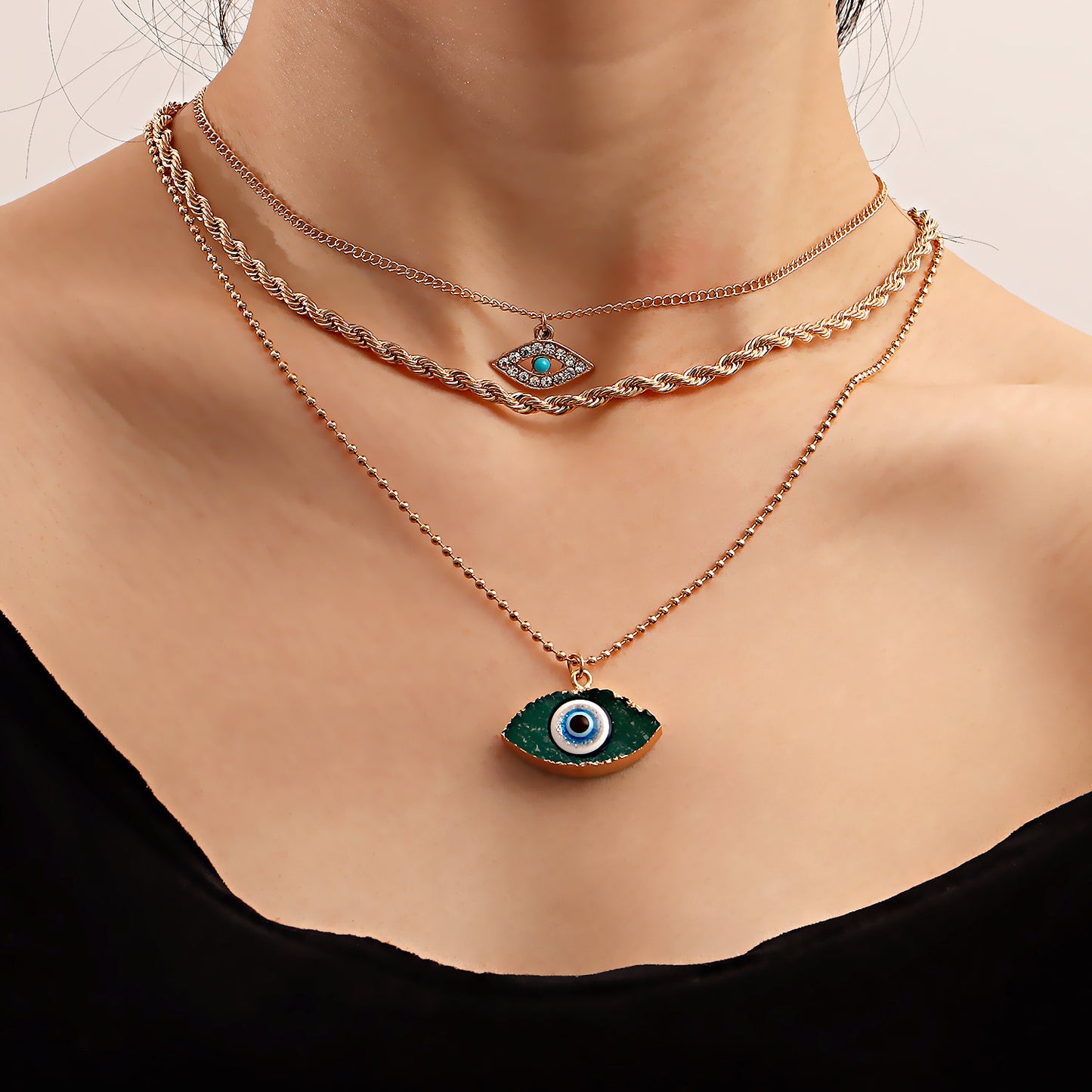 Minimalist Geometric Evil Eye Pendant Necklace in Alloy with Electroplating on Twisted Chain for Women