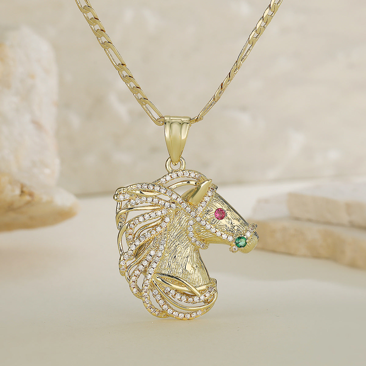 Minimalist Hip-hop 18K Gold Plated Brass Cubic Zirconia Horse Pendant Necklace for Women