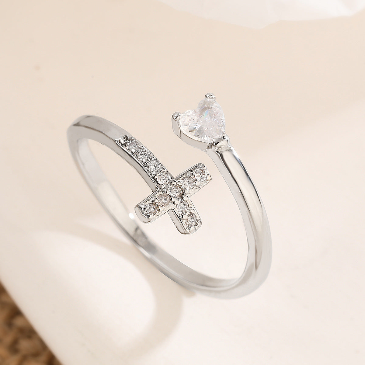 Minimalist 18K Gold Plated Brass Micro-inlay Cubic Zirconia Heart Cross Geometric Open Ring for Women