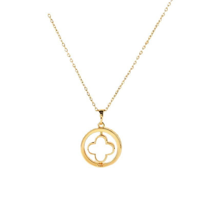 Collana con Pendente a Quadrifoglio Minimalista in Acciaio al Titanio con Intarsi di Strass, Design Rotante Bifacciale, Catena O, Catena Clavicola alla Moda per Donne
