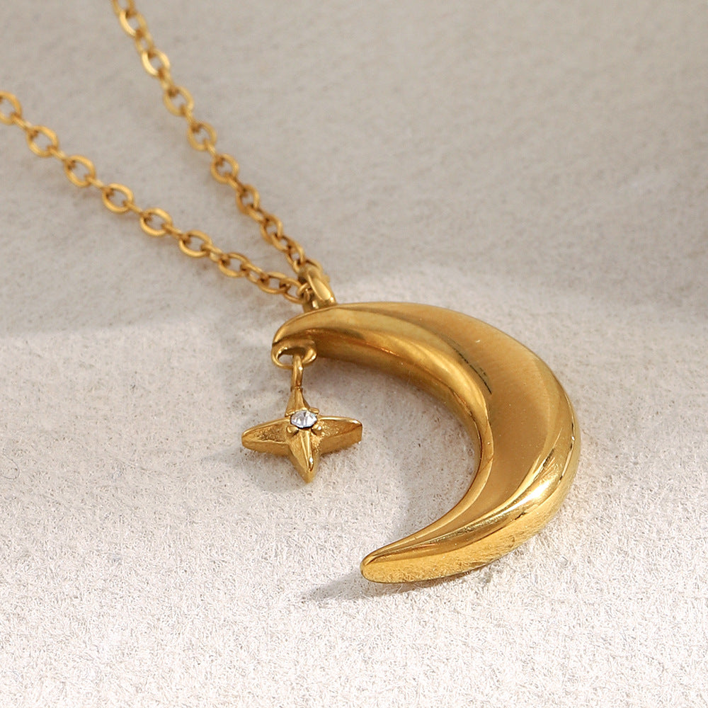 Minimalist Moon and Star Pendant Necklace in Stainless Steel with 18K Gold Plating for Women