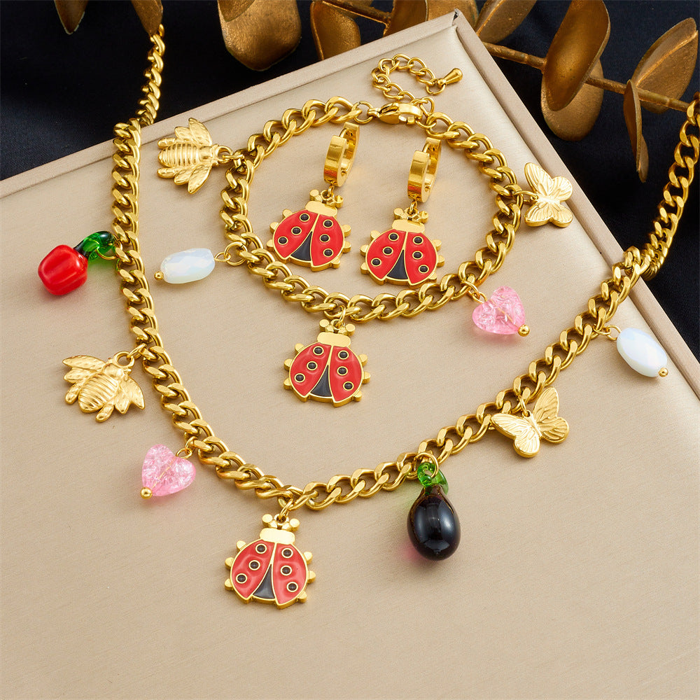Fashion Cartoon Drip Oil Stainless Steel Butterfly Ladybug Bee Pendant Jewelry Set with Serpentine Chain for Women
