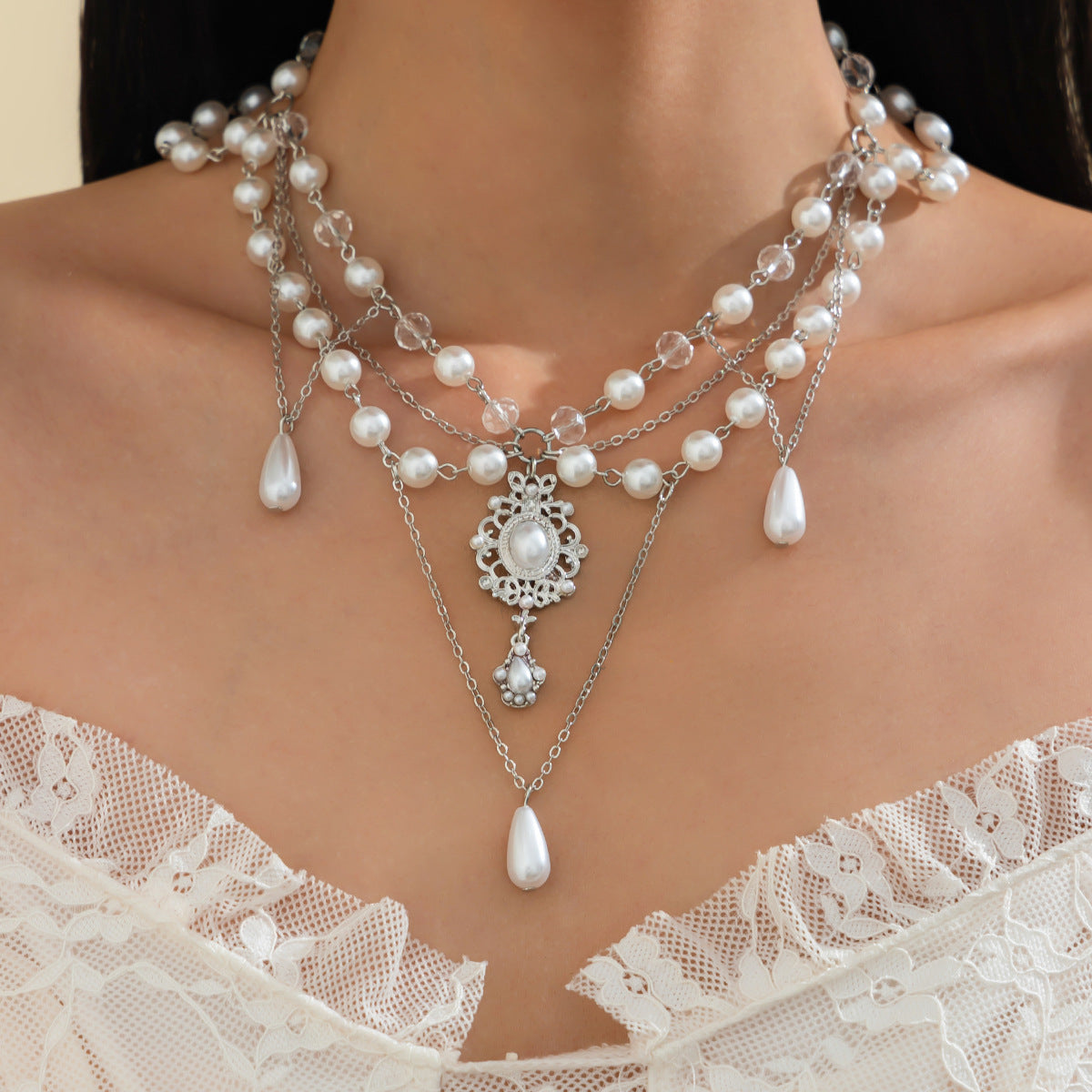 Sweet Baroque Pearl Teardrop Pendant Alloy Plated Tassel Necklace for Women