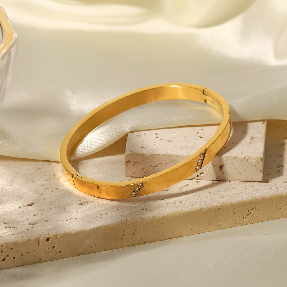 INS Style Geometric Stainless Steel Bracelet with 18K Gold Plating and White Zircon Inlay