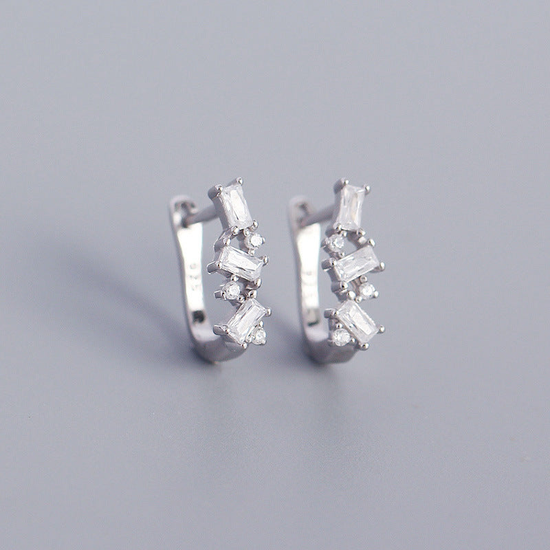 Vintage Minimalist 925 Sterling Silver Geometric U-Shaped Hoop Earrings with Cubic Zirconia for Women