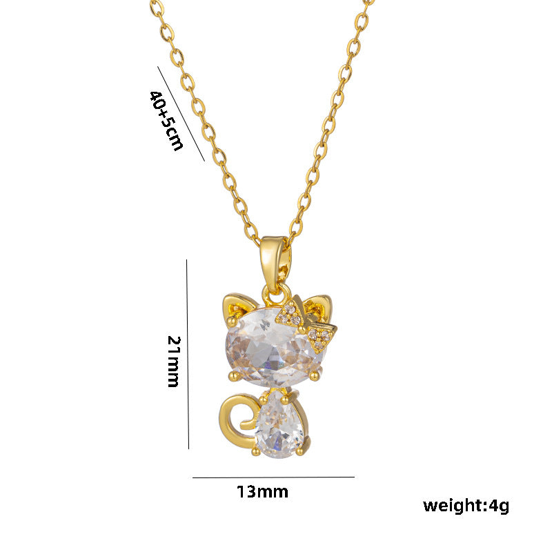 Graziosa collana con ciondolo a forma di gatto per donna in acciaio al titanio con strass micro-pavé, catena ad anelli, design minimalista e di tendenza