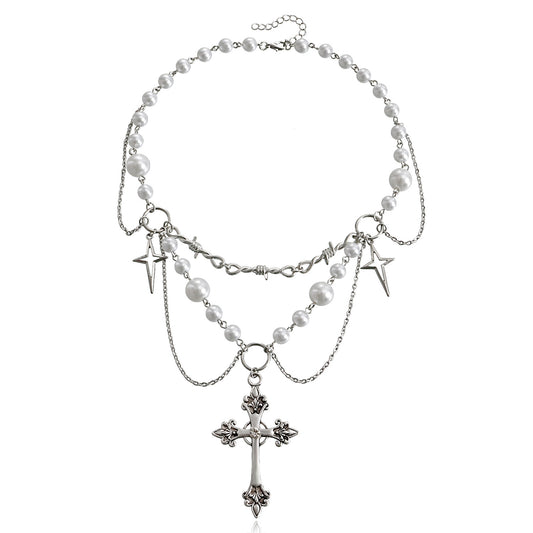 Collar con colgante de cruz geométrica minimalista para mujer con cadena de aleación y baño de rodio