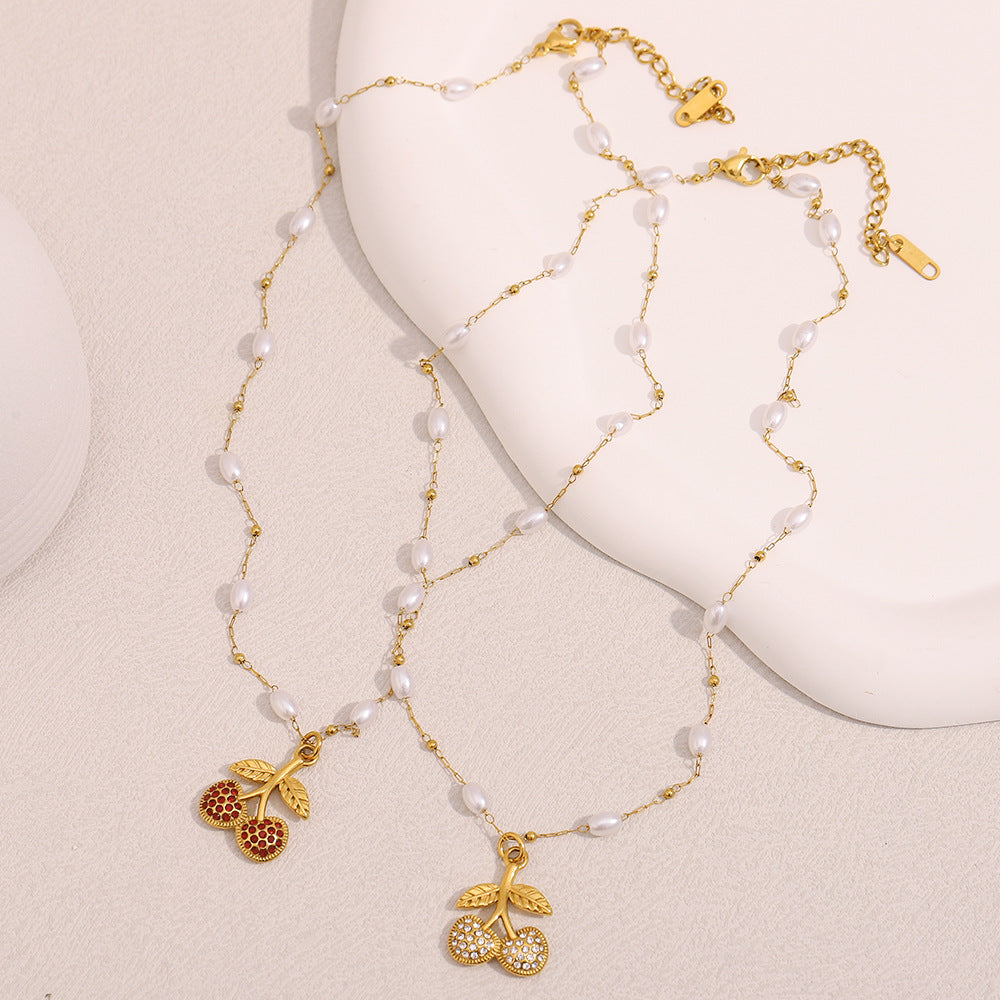 Elegant Cherry-Shaped Stainless Steel Pendant Necklace with 18K Gold Plating and Simulated Pearl Accents for Women