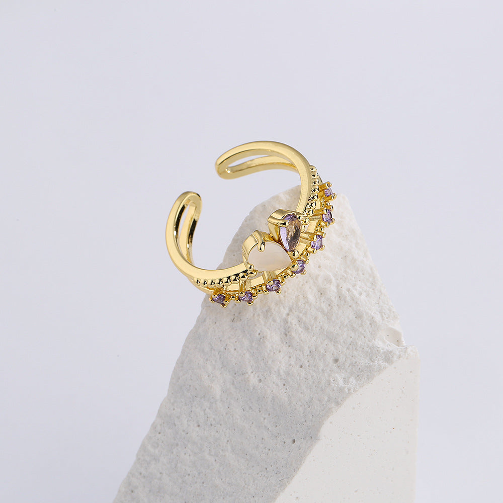 European Style Geometric Heart Open Ring Copper Micro-Paved with Zircon 18K Gold Plated for Women