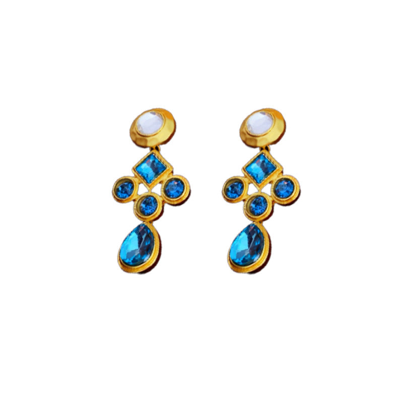 Vintage Geometric Earrings with Rhinestone Inlay in Gold-Plated Metal for Women