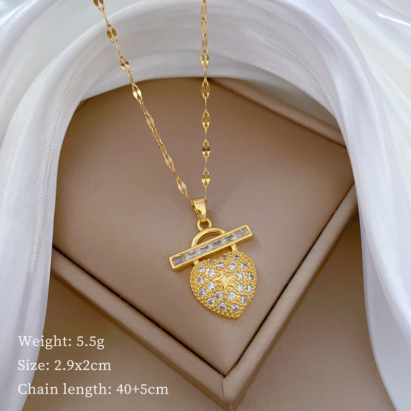 Collana di lusso in acciaio al titanio con cuore geometrico, strass e catena a labbra per donne e uomini