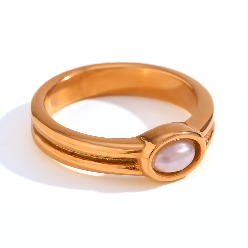 Minimalist Geometric Stainless Steel Ring with 18K Gold Plating and Natural Stone for Women