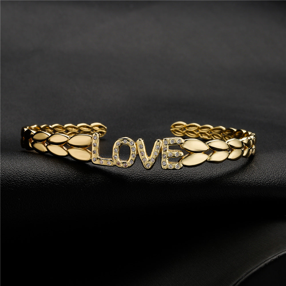 Minimalist Gold Plated Brass Micro-Inlaid Cubic Zirconia LOVE Letter Cuff Bracelet for Women