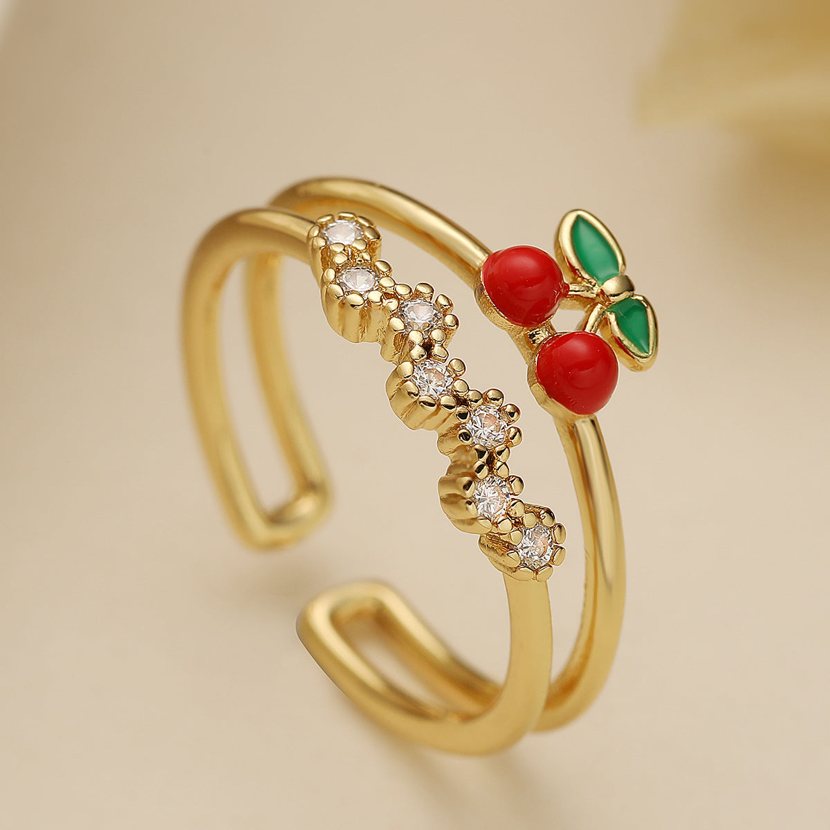 Minimalist Geometric Strawberry Cherry Open Ring for Women in Copper with Micro-Pavé Zirconia