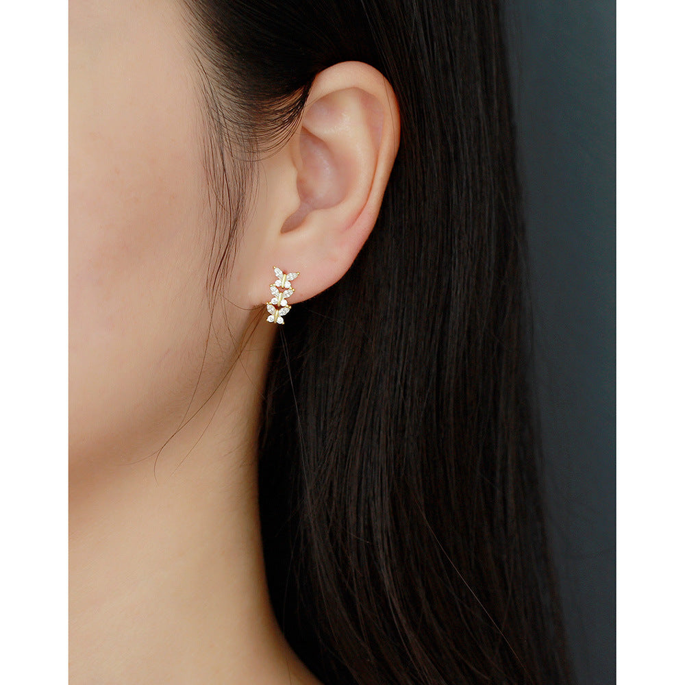 Sweet Minimalist Butterfly-Shaped S925 Sterling Silver Stud Earrings with Rhinestone Inlay for Women
