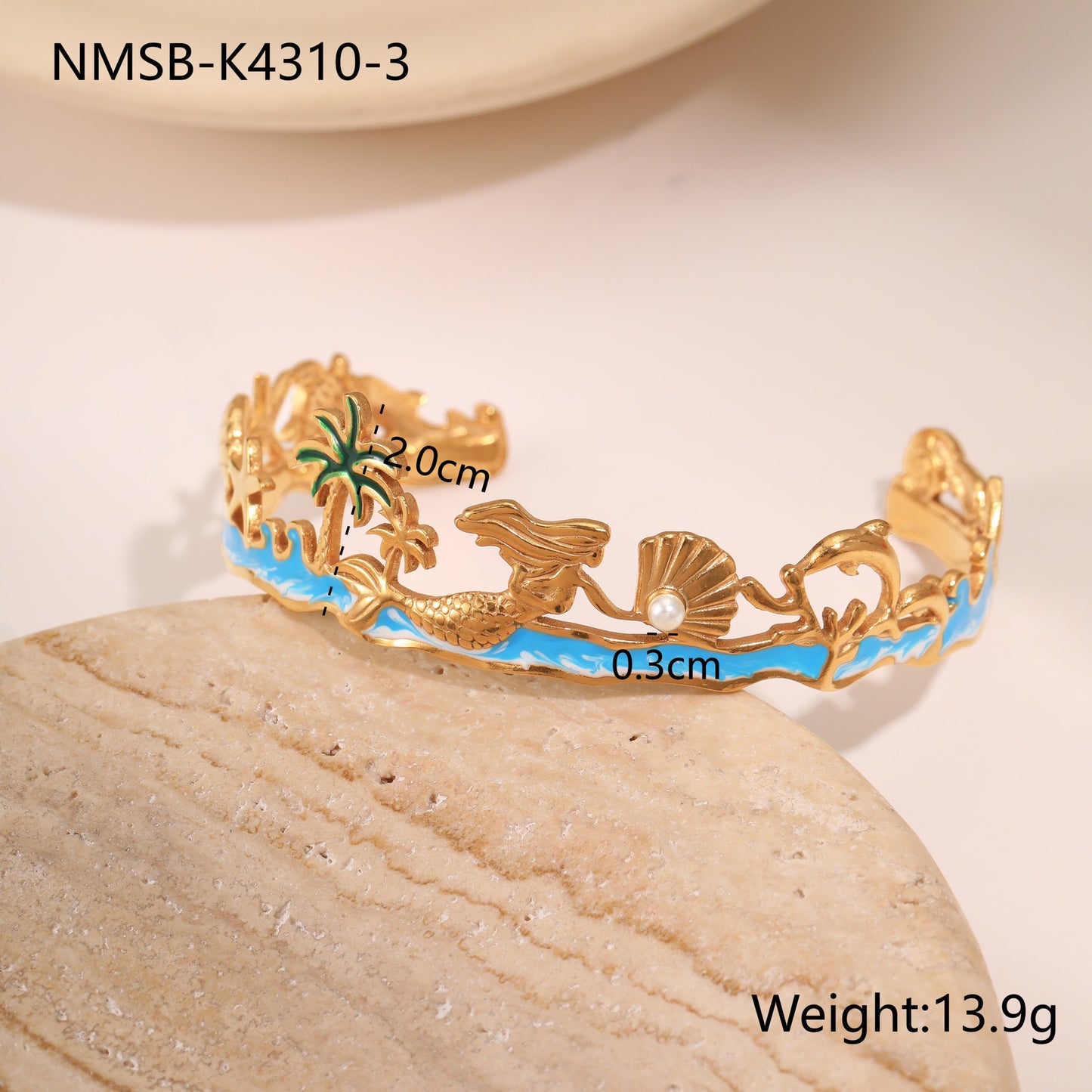 Anillo de perlas de lujo con temática de sirena y océano en acero inoxidable con baño de oro y banda abierta ajustable para mujer