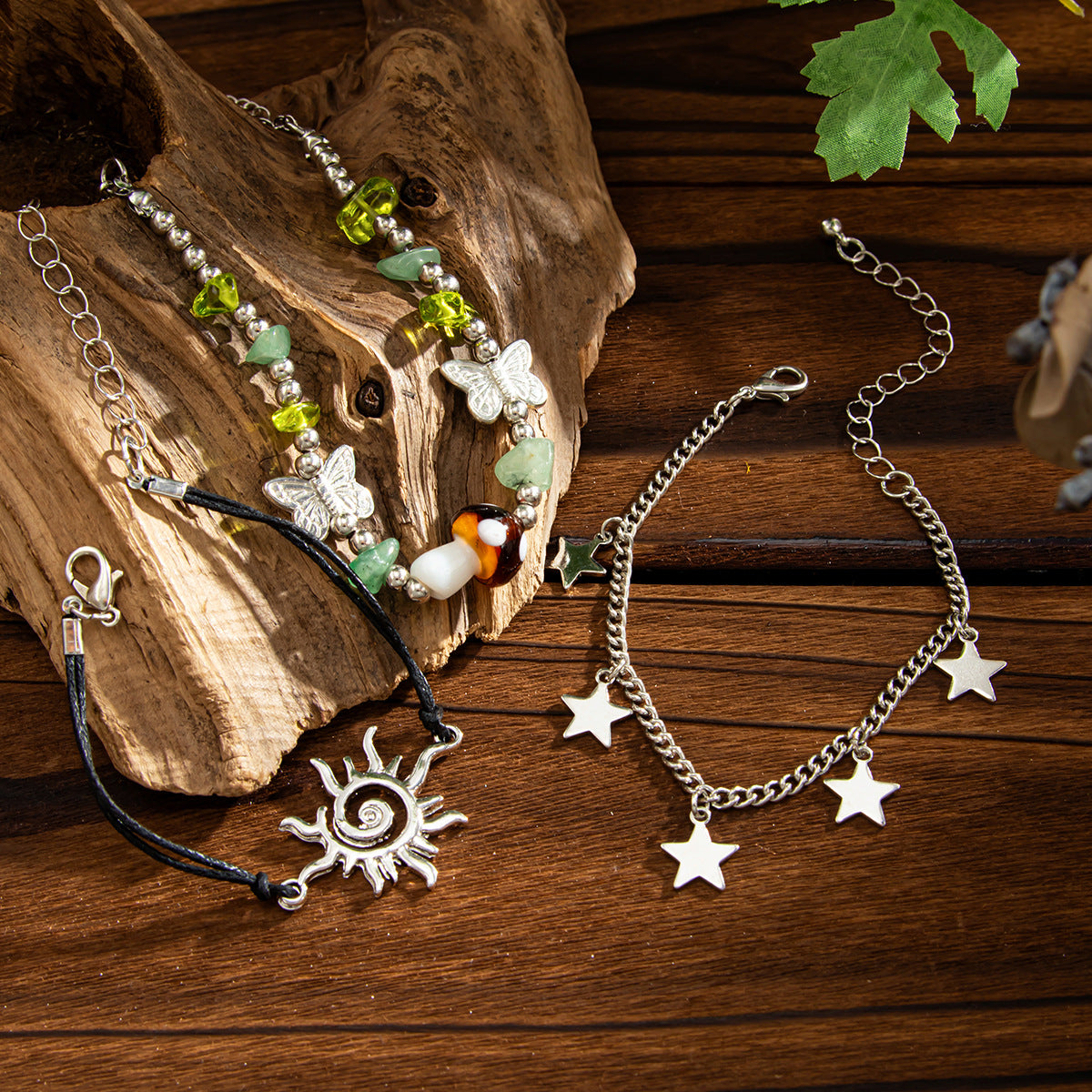 Vintage Ethnic Star-Shaped Alloy Bracelet for Women with Butterfly Mushroom and Botanical Motifs Natural Sun and Star Accents Handmade