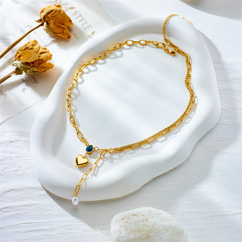 Collar con colgante de corazón de perla minimalista para mujer, de acero de titanio con acabado chapado