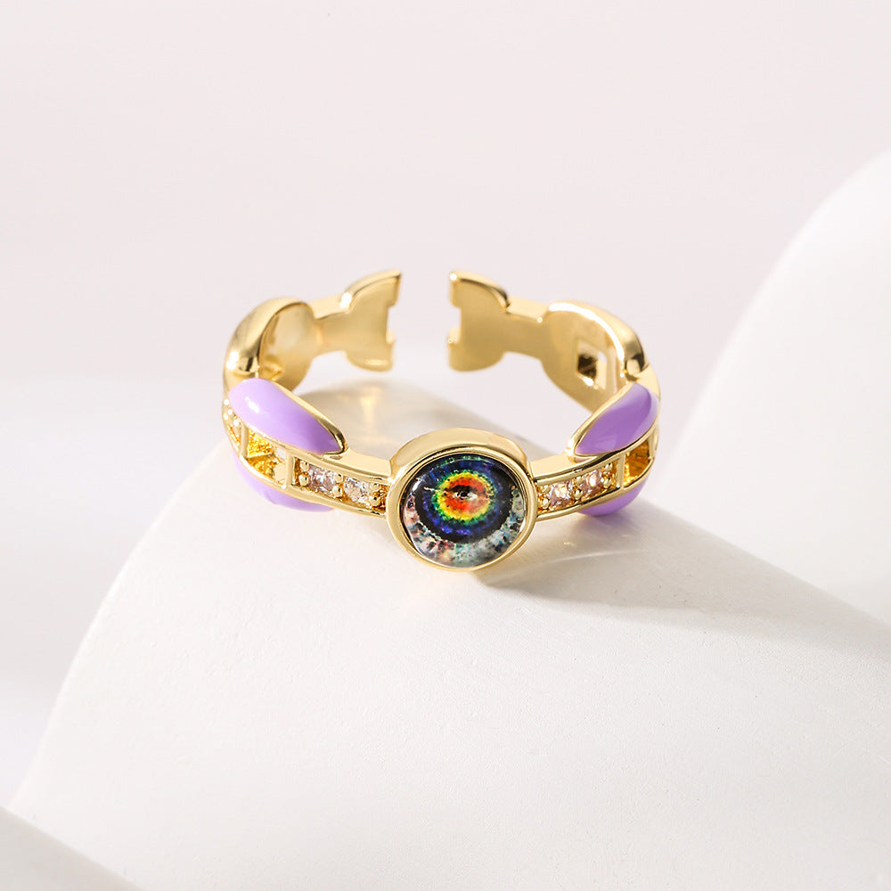 Minimalist Geometric Eye-Shaped Copper Ring with 18K Gold Plating and Enamel Finish for Women
