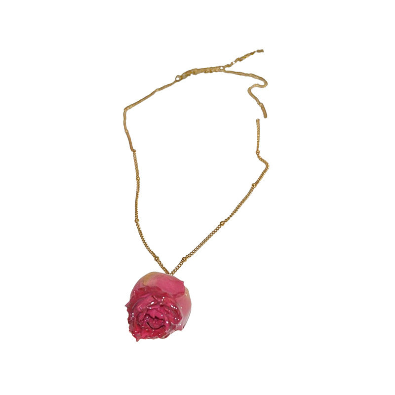 Set collana e orecchini Sweet Floral in acciaio inossidabile con rosa essiccata per donna, con ciondolo in rame e finitura placcata