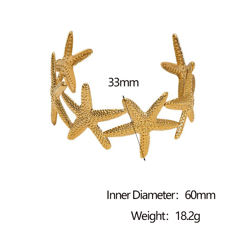 Minimalist 18K Gold Plated Stainless Steel Open Cuff Bracelet with Starfish Design