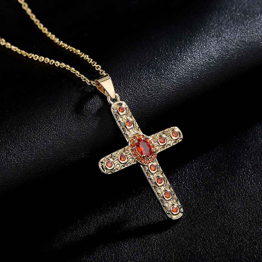 Collana con Pendente a Croce Geometrica Minimalista in Rame con Placcatura in Oro 18K e Intarsi in Zircone