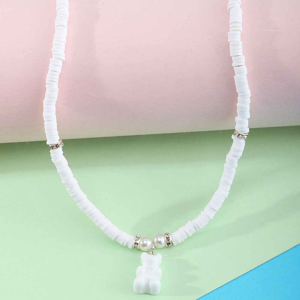 Collar con Colgante de Oso de Resina Hecho a Mano para Niñas con Cadena de Perlas, Joyería de Diseño Minimalista de Animales Tiernos