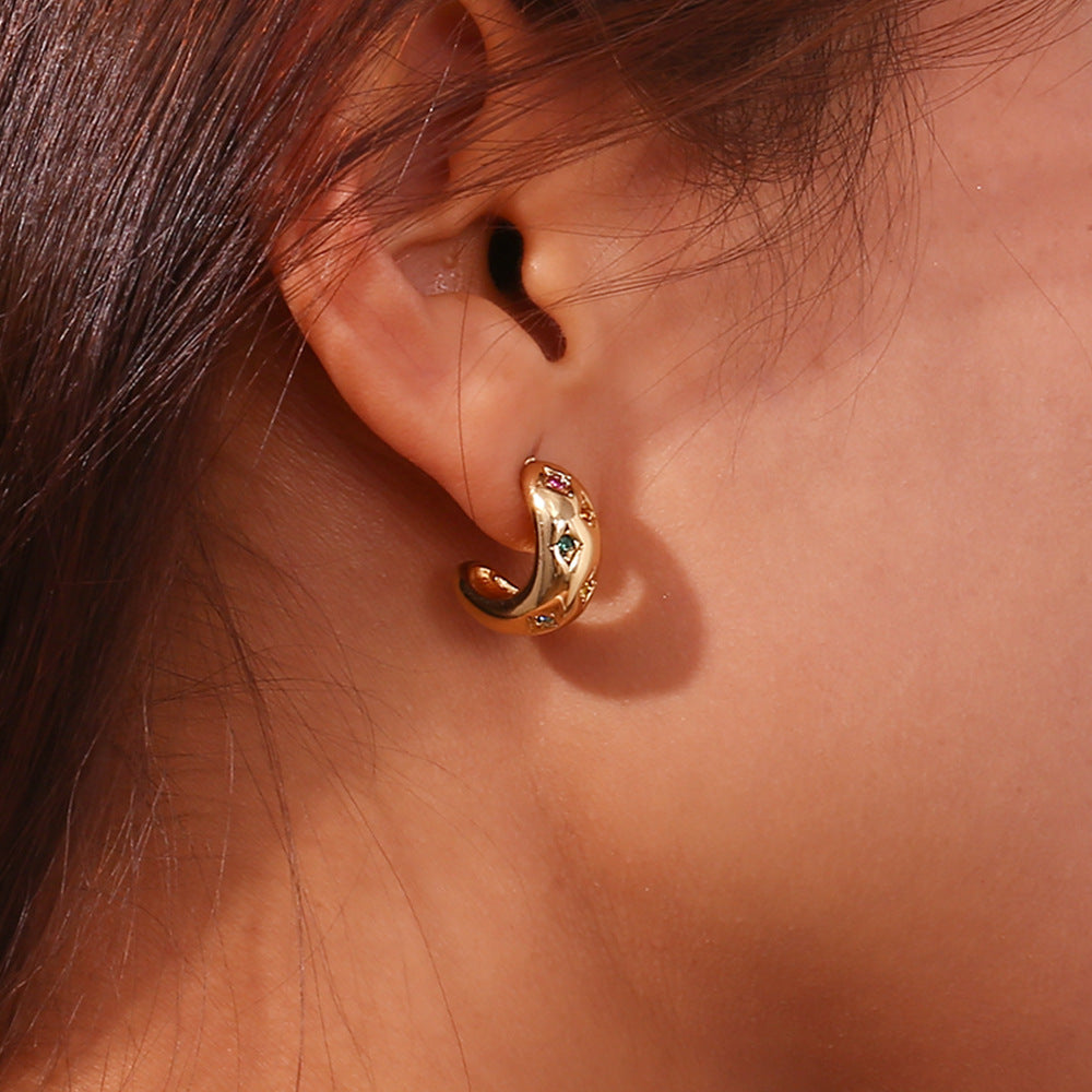 Fashionable Vintage-Style Geometric Stainless Steel Plated 18K Gold Moon and Star Earrings with Colorful Zircon Inlay